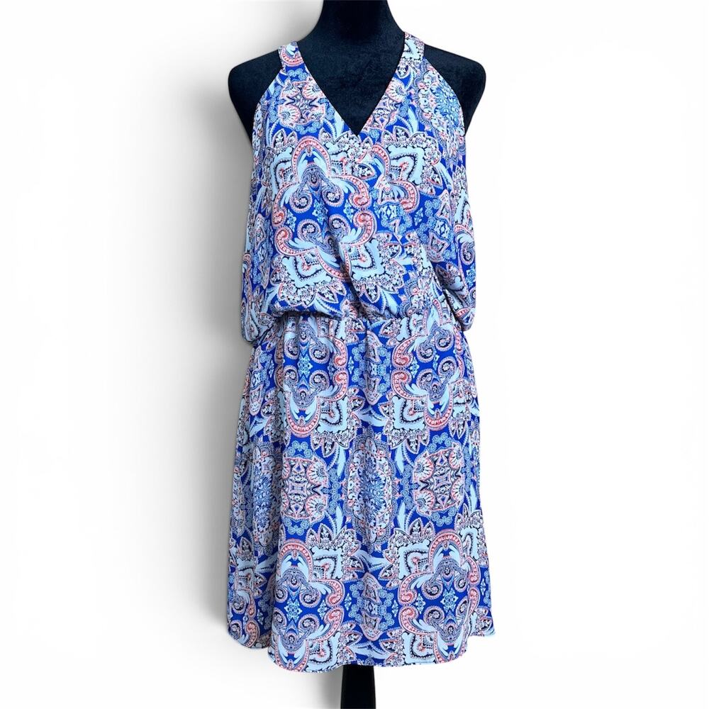 Parker Kita Surplice Paisley Print Mini Dress Blue White Size Medium